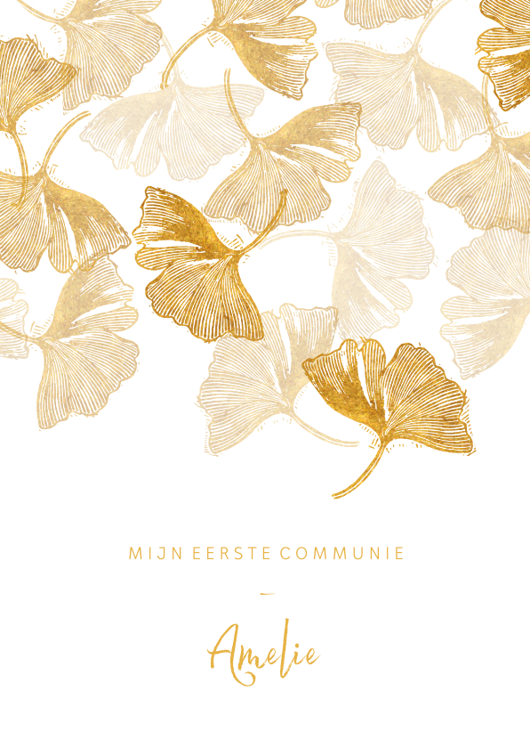 Communie uitnodiging ginkgoblad stempel foto binnen - Communiekaarten Communiekaarten - Communie uitnodiging ginkgoblad stempel foto binnen