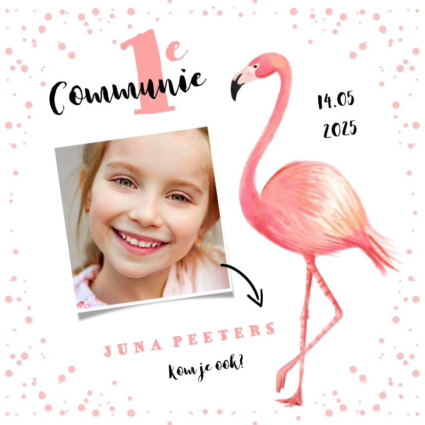 Communie uitnodiging hip flamingo foto - Communiekaarten Communiekaarten - Communie uitnodiging hip flamingo foto
