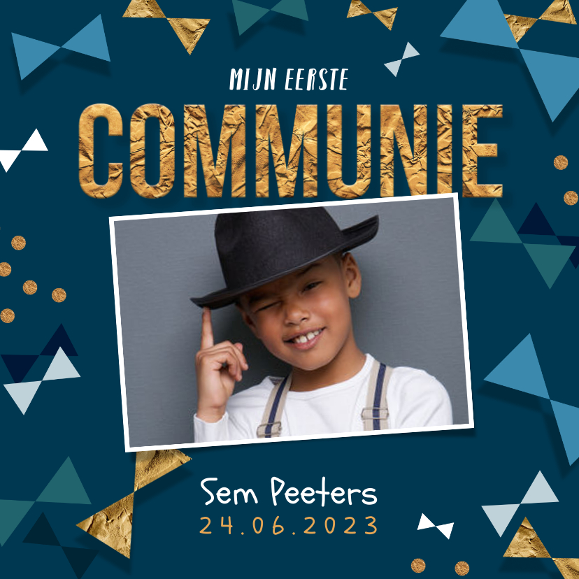 Communiekaarten - Communie uitnodiging jongen confetti strikjes goud