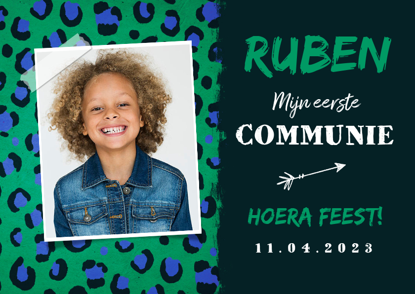 Communie uitnodiging jongen dierenprint groen blauw - Communiekaarten Communiekaarten - Communie uitnodiging jongen dierenprint groen blauw