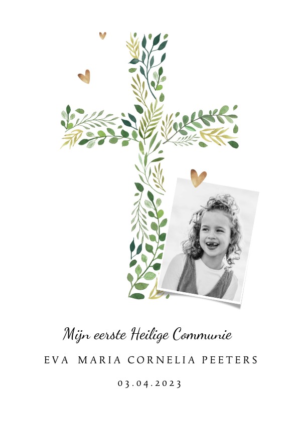 Communiekaarten - Communie uitnodiging klassiek kruis hartjes foto
