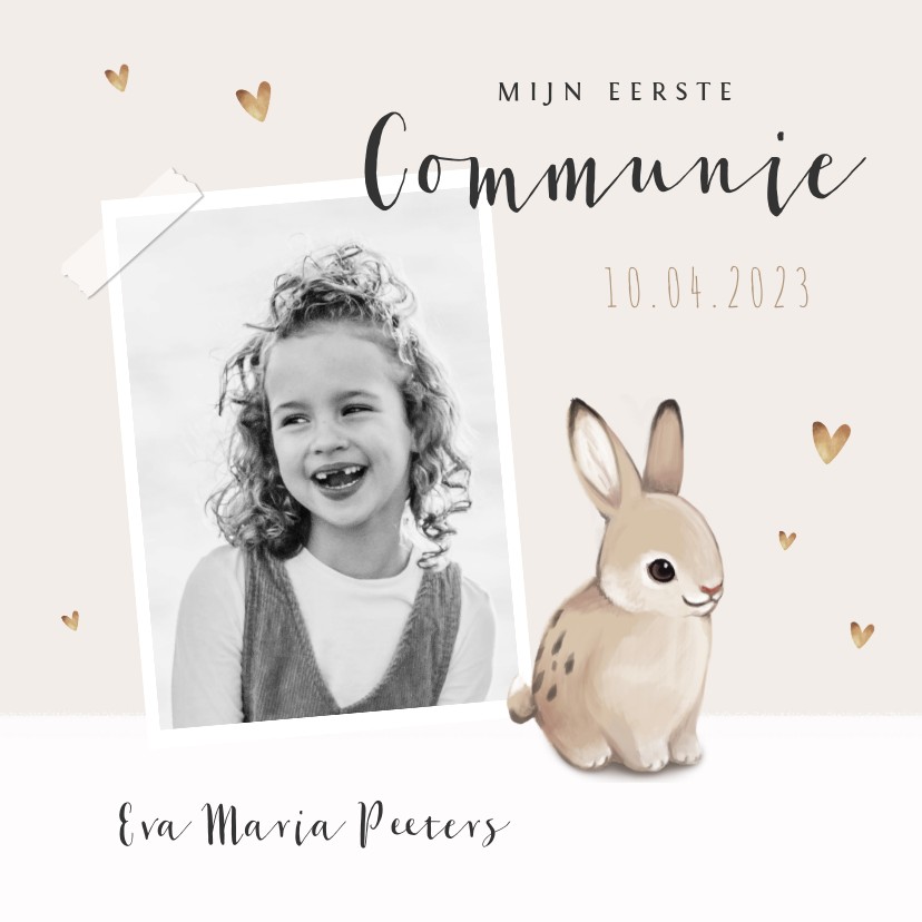 Communiekaarten - Communie uitnodiging konijn hartjes en foto