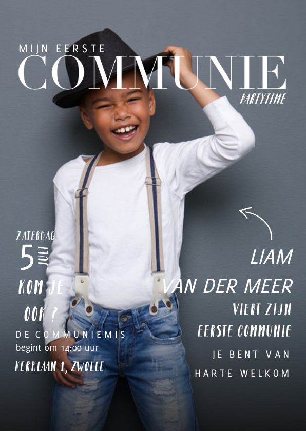 Communiekaarten - Communie uitnodiging magazine met foto en teksten jongen