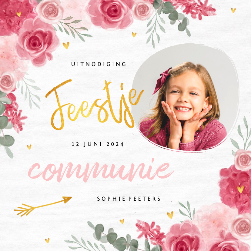 Communiekaarten - Communie uitnodiging meisje bloemen hartjes goud