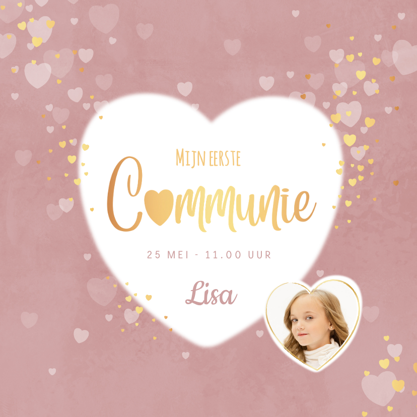 Communiekaarten - Communie uitnodiging meisje roze hartjes en foto