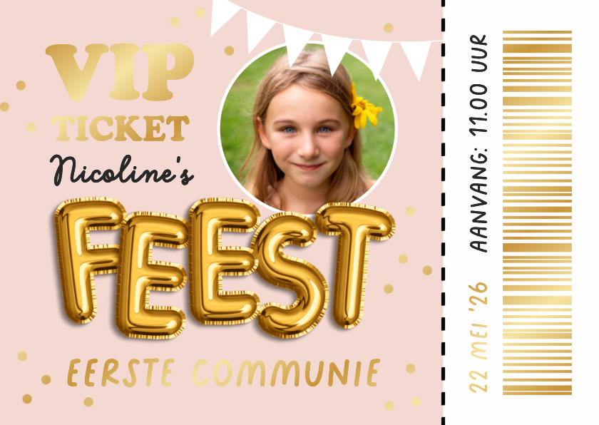 Communiekaarten - Communie uitnodiging meisje ticket goudfolie