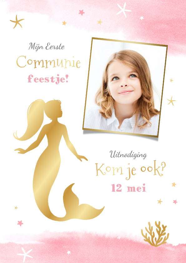 Communie uitnodiging meisje waterverf zeemeermin goud - Communiekaarten Communiekaarten - Communie uitnodiging meisje waterverf zeemeermin goud