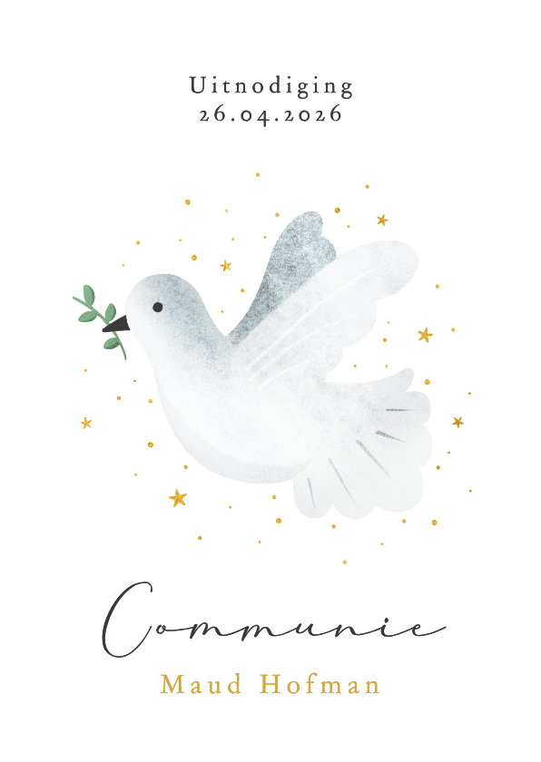 Communiekaarten - Communie uitnodiging met duifje en sterretjes