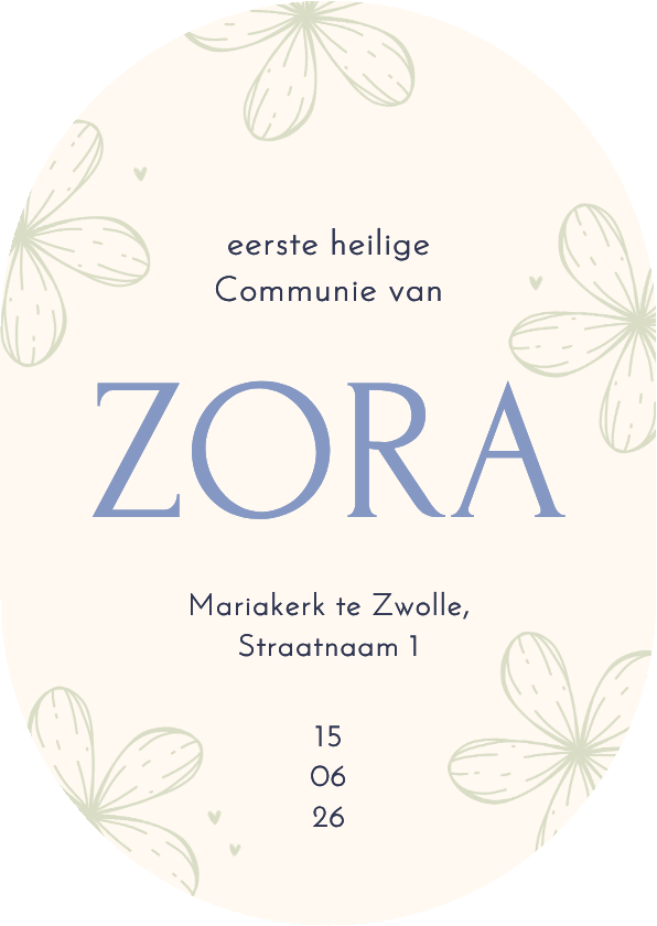Communie uitnodiging ovaal met bloemetjes en hartjes - Communiekaarten Communiekaarten - Communie uitnodiging ovaal met bloemetjes en hartjes