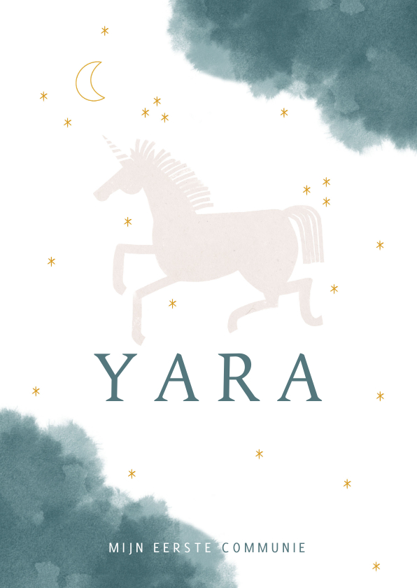 Communie uitnodiging stijlvol met unicorn maan en waterverf - Communiekaarten Communiekaarten - Communie uitnodiging stijlvol met unicorn maan en waterverf