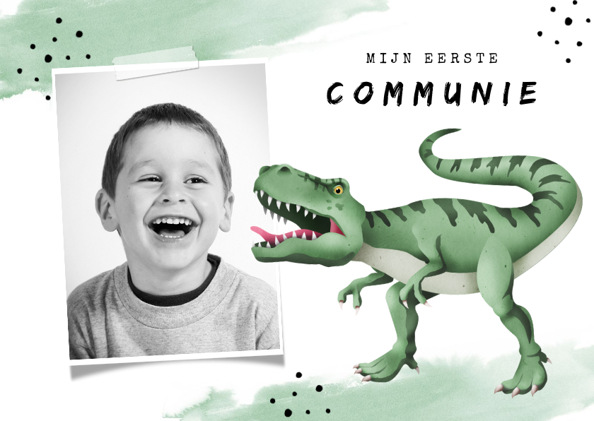 Communie uitnodiging stoer dino waterverf foto - Communiekaarten Communiekaarten - Communie uitnodiging stoer dino waterverf foto