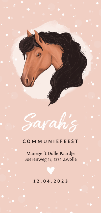 Communie uitnodiging thema paard roze - Communiekaarten Communiekaarten - Communie uitnodiging thema paard roze