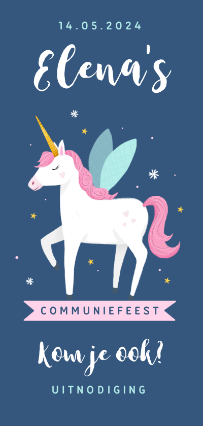 Communiekaarten - Communie uitnodiging unicorn eenhoorn feestje meisje