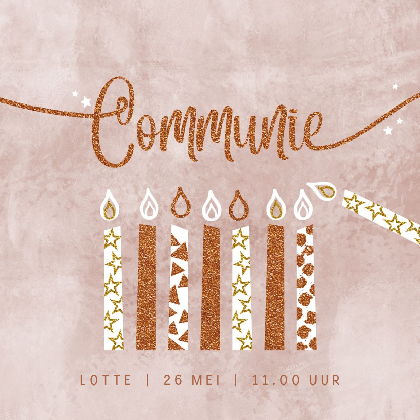 Communiekaarten - Communie uitnodiging velvet oudroze kaarsjes
