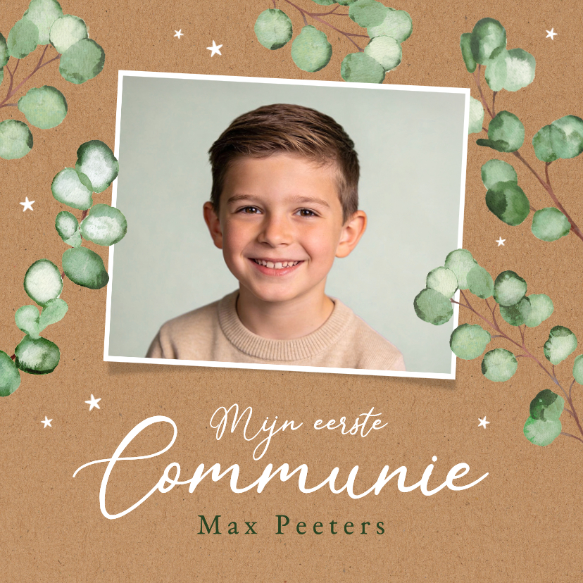 Communiekaarten - Communie uitnodigingskaart eucalyptus kraft foto