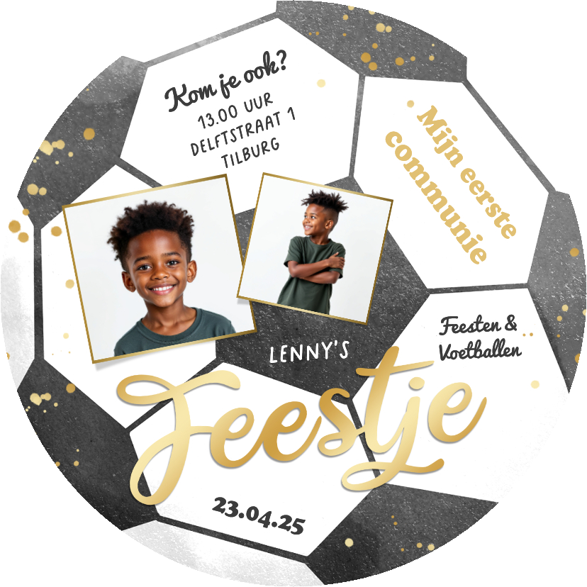 Communiekaarten - Communie uitnodigingskaart ronde vorm voetbal feestje foto's