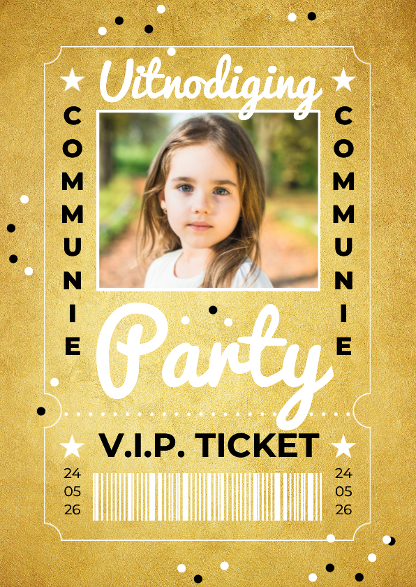 Communiekaarten - Communie VIP ticket meisje goud