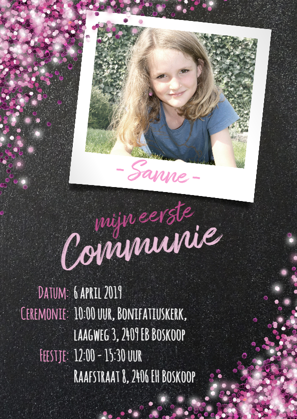 Communie vormsel lentefeest roze glitter krijtbord - Communiekaarten Communiekaarten - Communie vormsel lentefeest roze glitter krijtbord