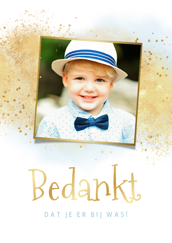 Communiefeest bedankkaart waterverf goud blauw foto - Communiekaarten Communiekaarten - Communiefeest bedankkaart waterverf goud blauw foto