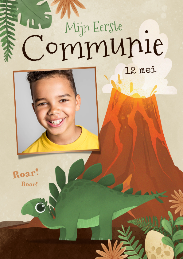 Communiekaarten - Communiefeest jongen dino's ei vulkaan dinosaurus jungle