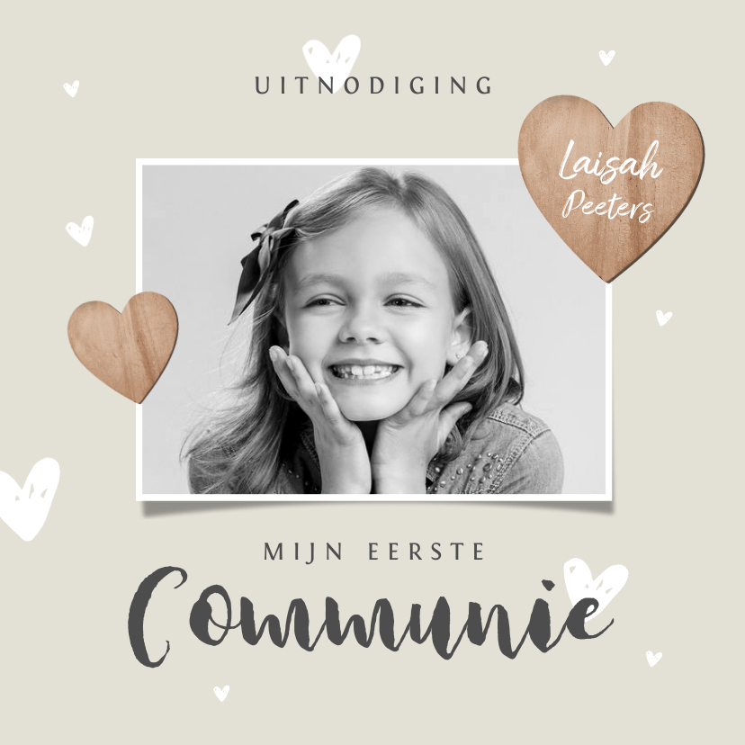 Communiekaarten - Communiefeest meisje uitnodiging fotokaart houten hartjes