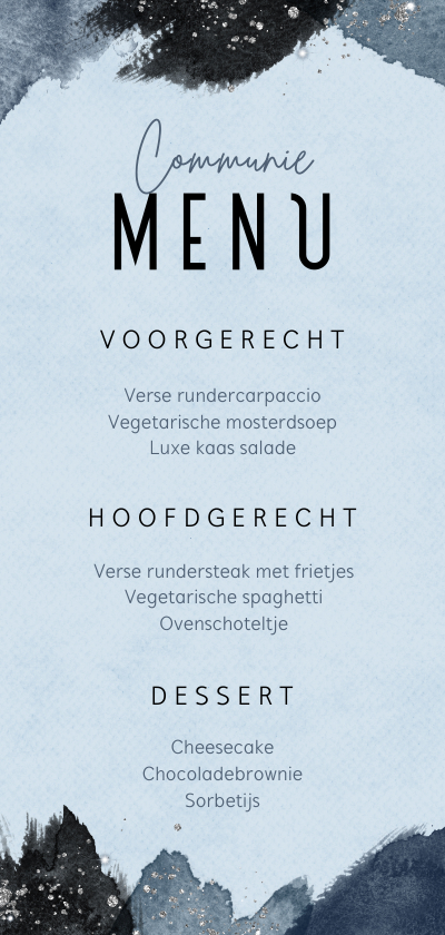 Communiekaarten - Communiefeest menu waterverf blauw kruisje