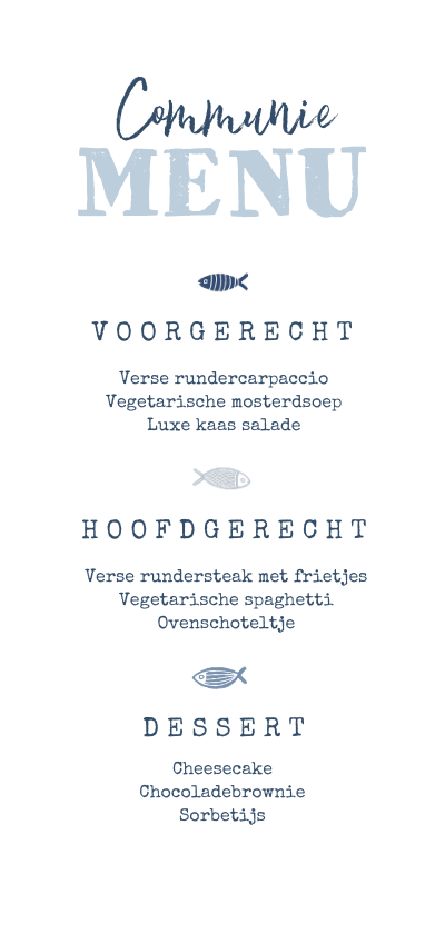 Communiekaarten - Communiefeest menukaart visjes blauw foto