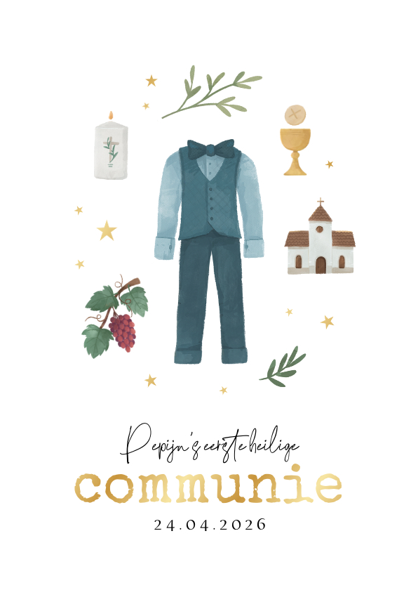 Communiekaarten - Communiefeest outfit illustraties uitnodiging jongen kerk