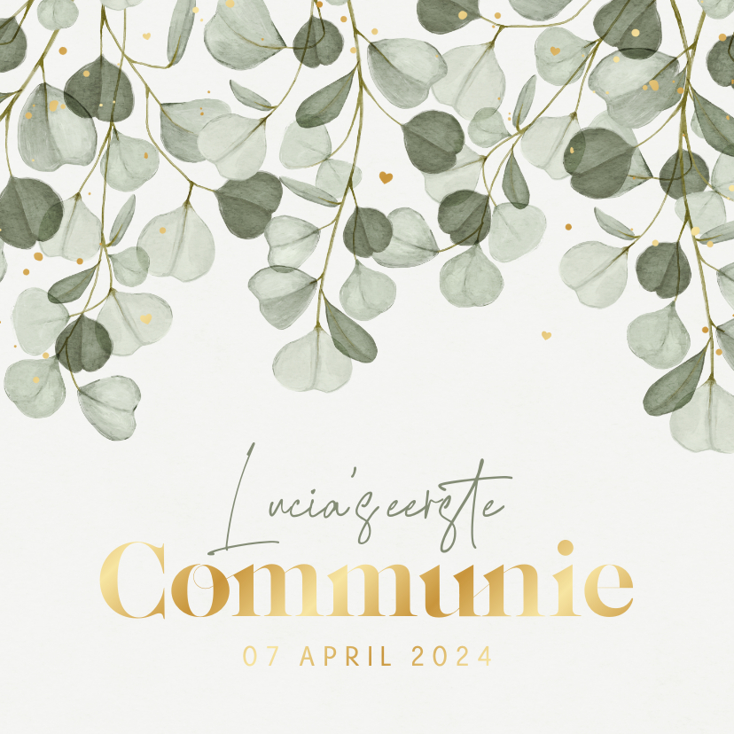 Communiekaarten - Communiefeest uitnodiging eucalyptus goud stijlvol hartjes