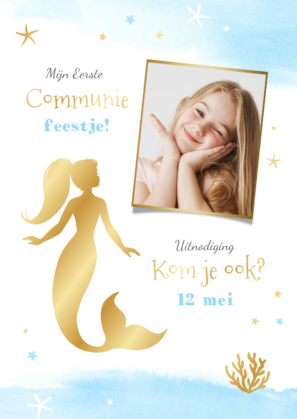Communiekaarten - Communiefeest uitnodiging meisje waterverf zeemeermin goud