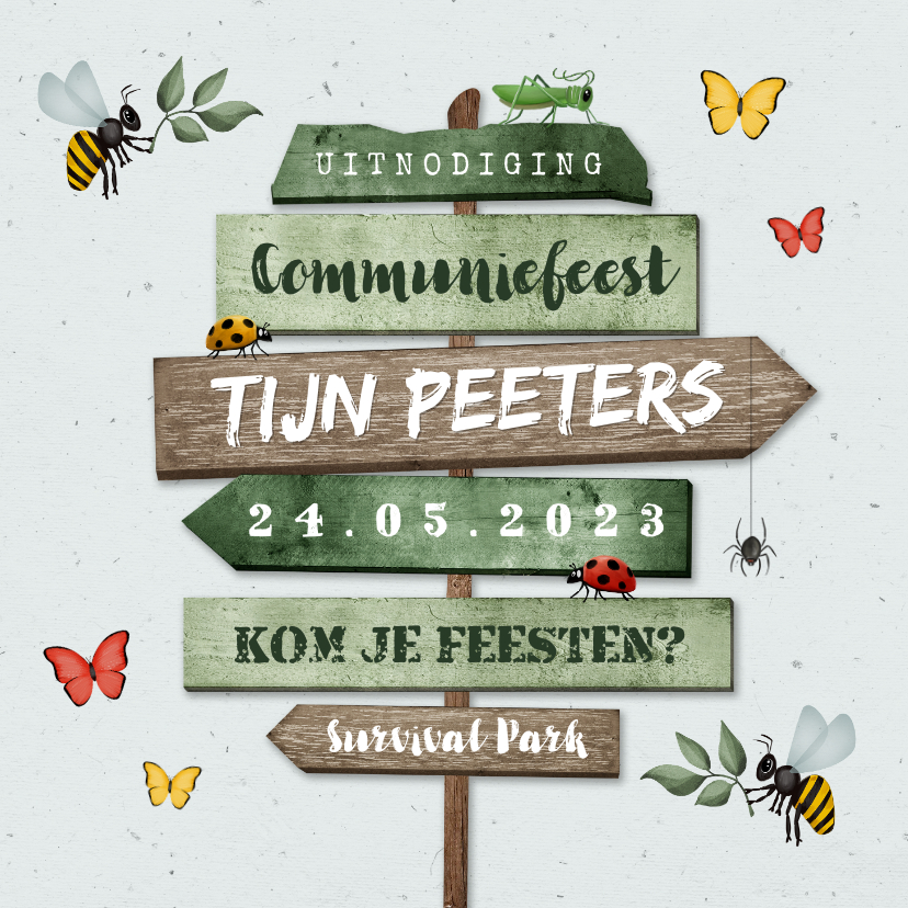 Communiefeest uitnodiging wegwijzers tuinfeest insecten - Communiekaarten Communiekaarten - Communiefeest uitnodiging wegwijzers tuinfeest insecten