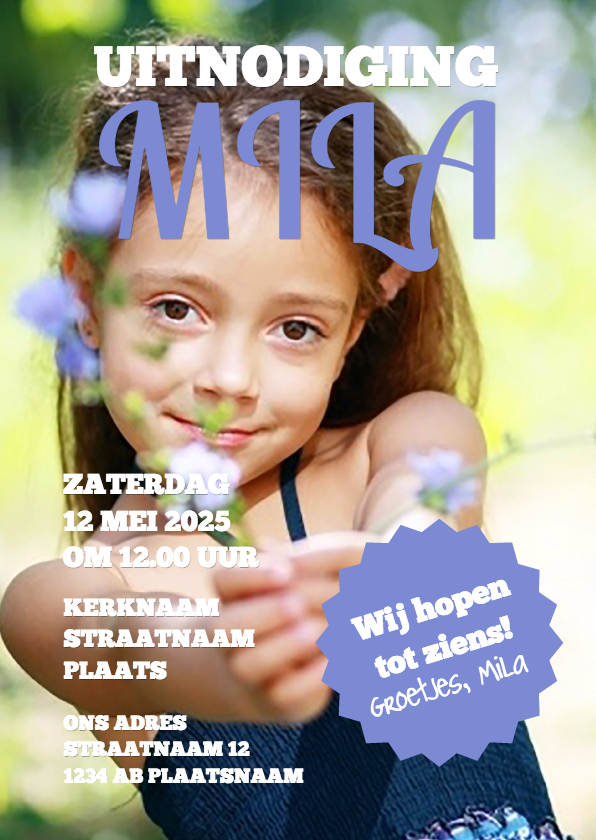 Communiekaart bloemetjesmeisje ansicht - Communiekaarten Communiekaarten - Communiekaart bloemetjesmeisje ansicht