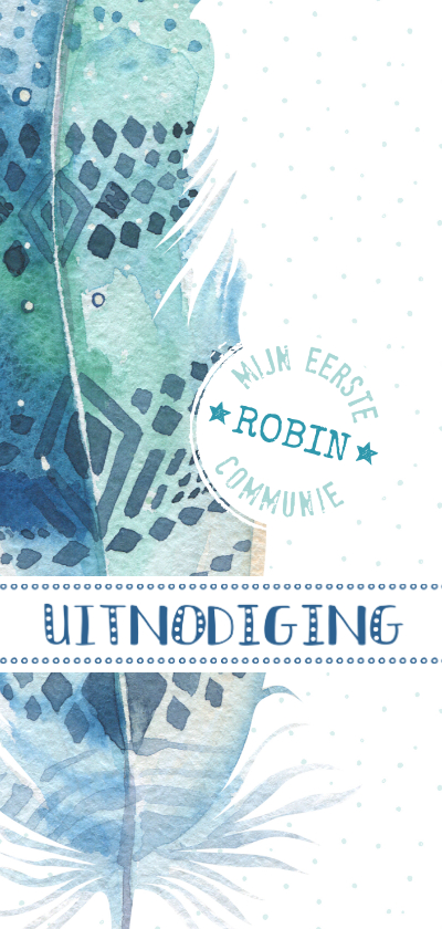 Communiekaart Boho veer blauw-groen - Communiekaarten Communiekaarten - Communiekaart Boho veer blauw-groen