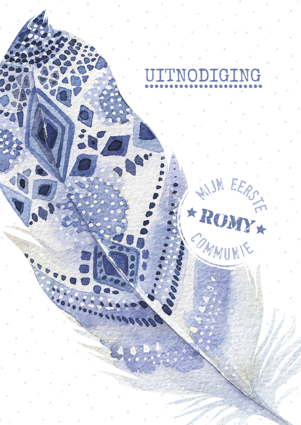 Communiekaart Boho veer indigo-lavendel - Communiekaarten Communiekaarten - Communiekaart Boho veer indigo-lavendel