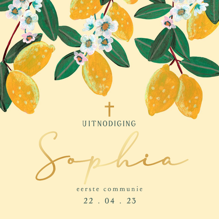 Communiekaarten - Communiekaart citroen met bloemen en naam