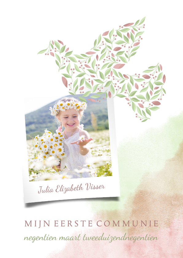 Communiekaart duif van bloemen met foto en waterverf - Communiekaarten Communiekaarten - Communiekaart duif van bloemen met foto en waterverf