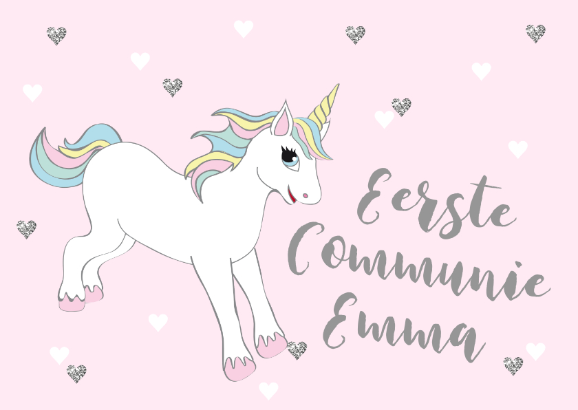 Communiekaart eenhoorn hartjes roze - Communiekaarten Communiekaarten - Communiekaart eenhoorn hartjes roze