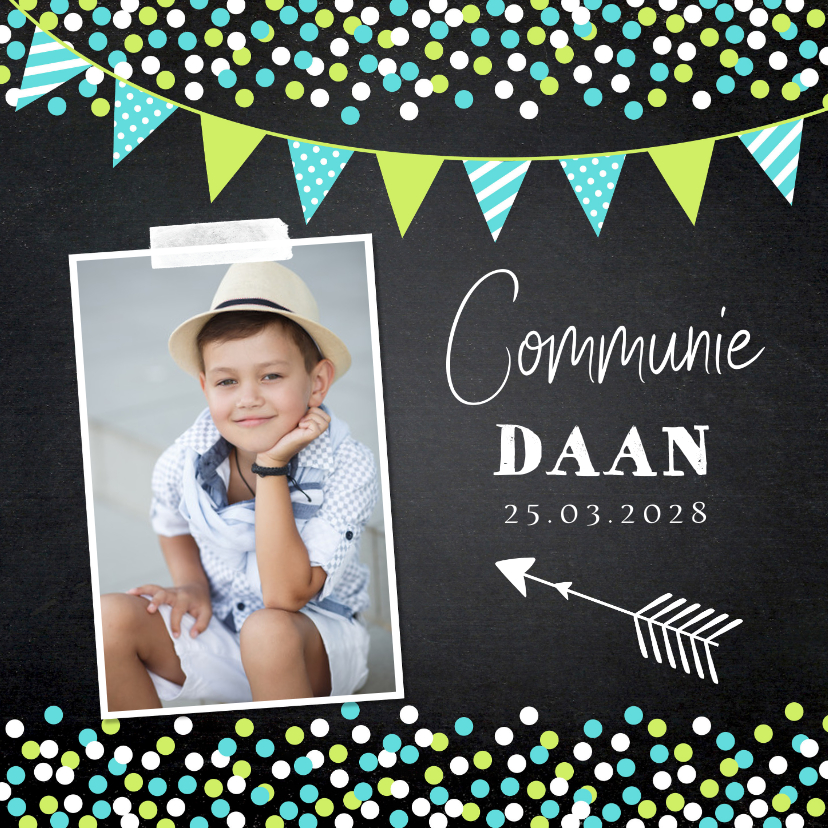 Communiekaart foto confetti slinger krijtbord jongen - Communiekaarten Communiekaarten - Communiekaart foto confetti slinger krijtbord jongen