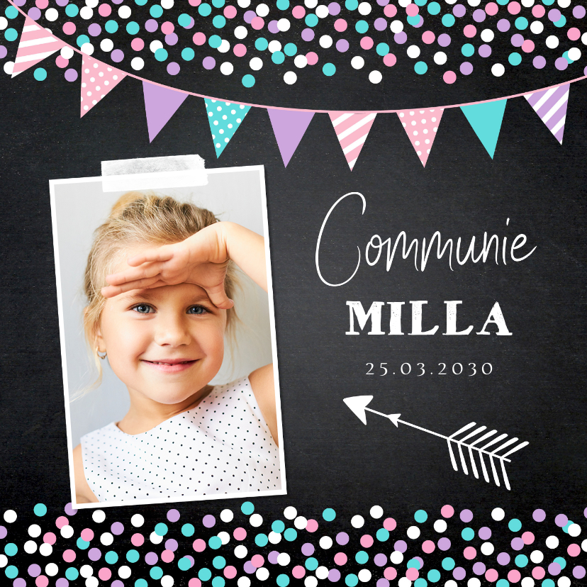 Communiekaart foto meisje confetti slinger - Communiekaarten Communiekaarten - Communiekaart foto meisje confetti slinger
