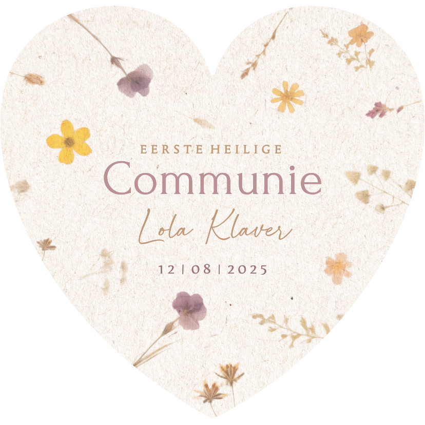 Communiekaarten - Communiekaart hartjesvorm met droog bloemetjes