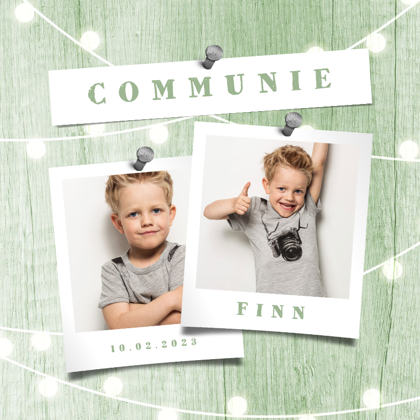 Communiekaart houtlook groen lampjes met foto - Communiekaarten Communiekaarten - Communiekaart houtlook groen lampjes met foto