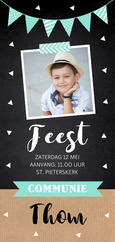 Communiekaart jongen foto confetti slinger - Communiekaarten Communiekaarten - Communiekaart jongen foto confetti slinger