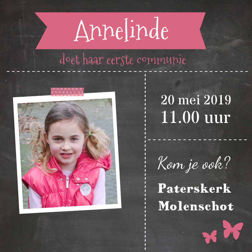 Communiekaart krijtbord roze - Communiekaarten Communiekaarten - Communiekaart krijtbord roze