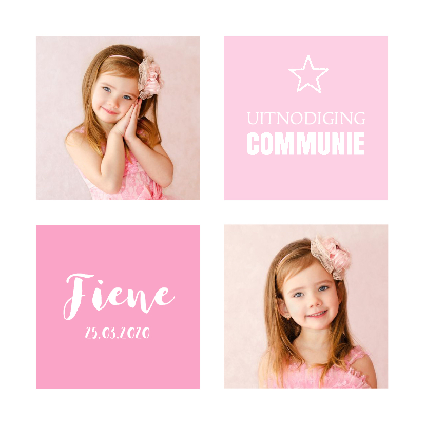Communiekaart meisje foto roze vlakken - Communiekaarten Communiekaarten - Communiekaart meisje foto roze vlakken