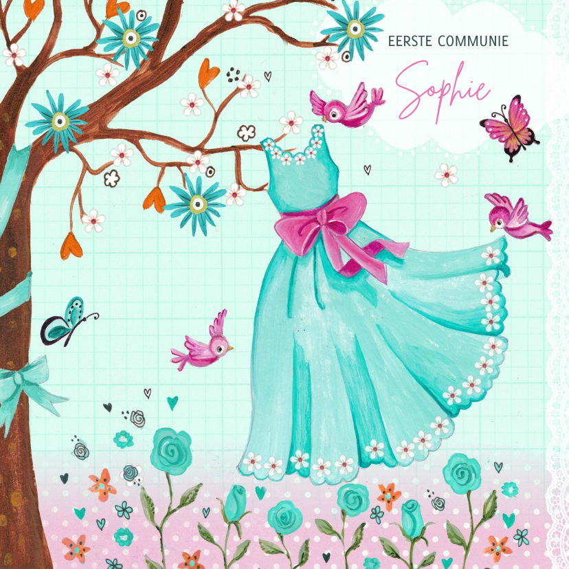 Communiekaarten - Communiekaart meisje met jurk illustratie