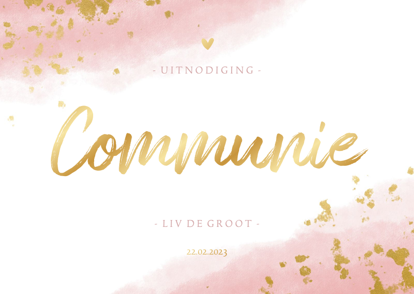 Communiekaart meisje met waterverf en gouden spetters - Communiekaarten Communiekaarten - Communiekaart meisje met waterverf en gouden spetters