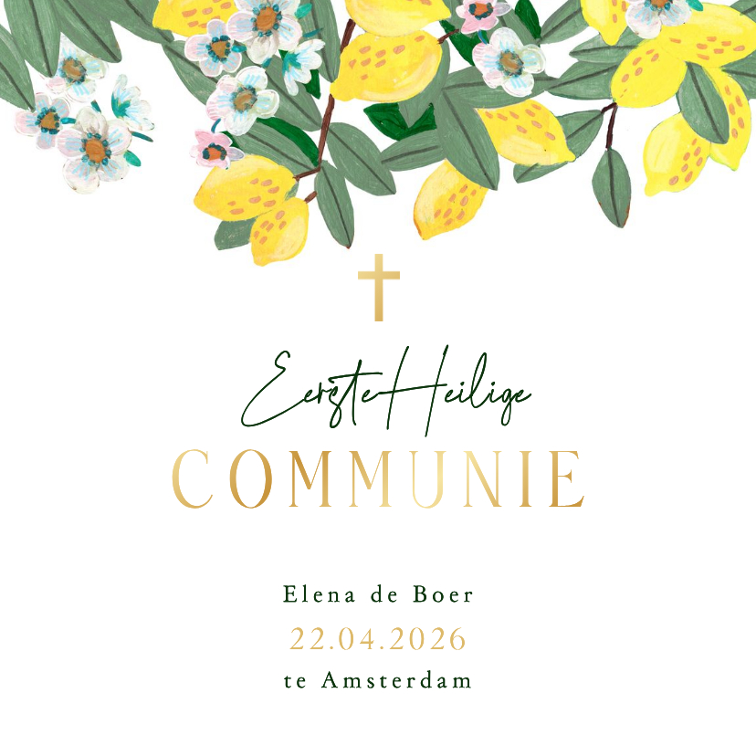Communiekaarten - Communiekaart met citroen en bloemen fris