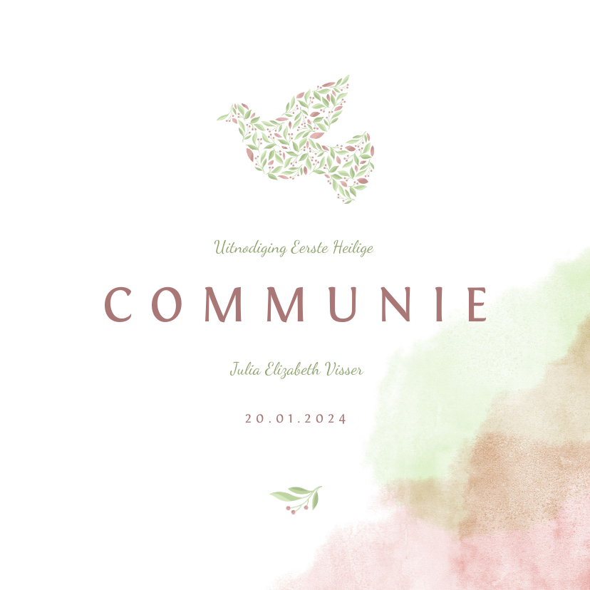 Communiekaart met duif van bloemen en waterverf - Communiekaarten Communiekaarten - Communiekaart met duif van bloemen en waterverf