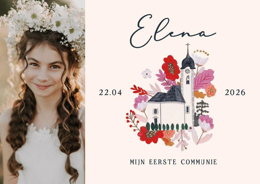 Communiekaarten - Communiekaart met foto en kerk illustratie