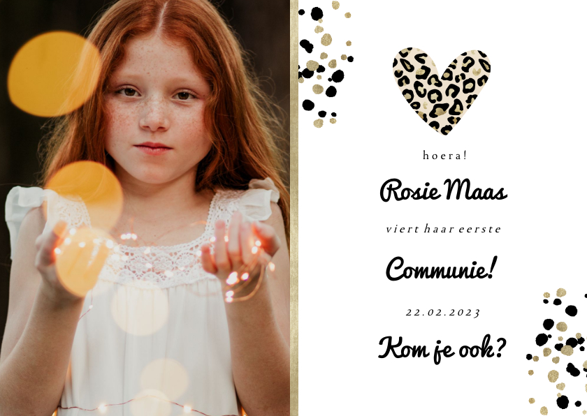 Communiekaart met foto en panterprint hartje - Communiekaarten Communiekaarten - Communiekaart met foto en panterprint hartje